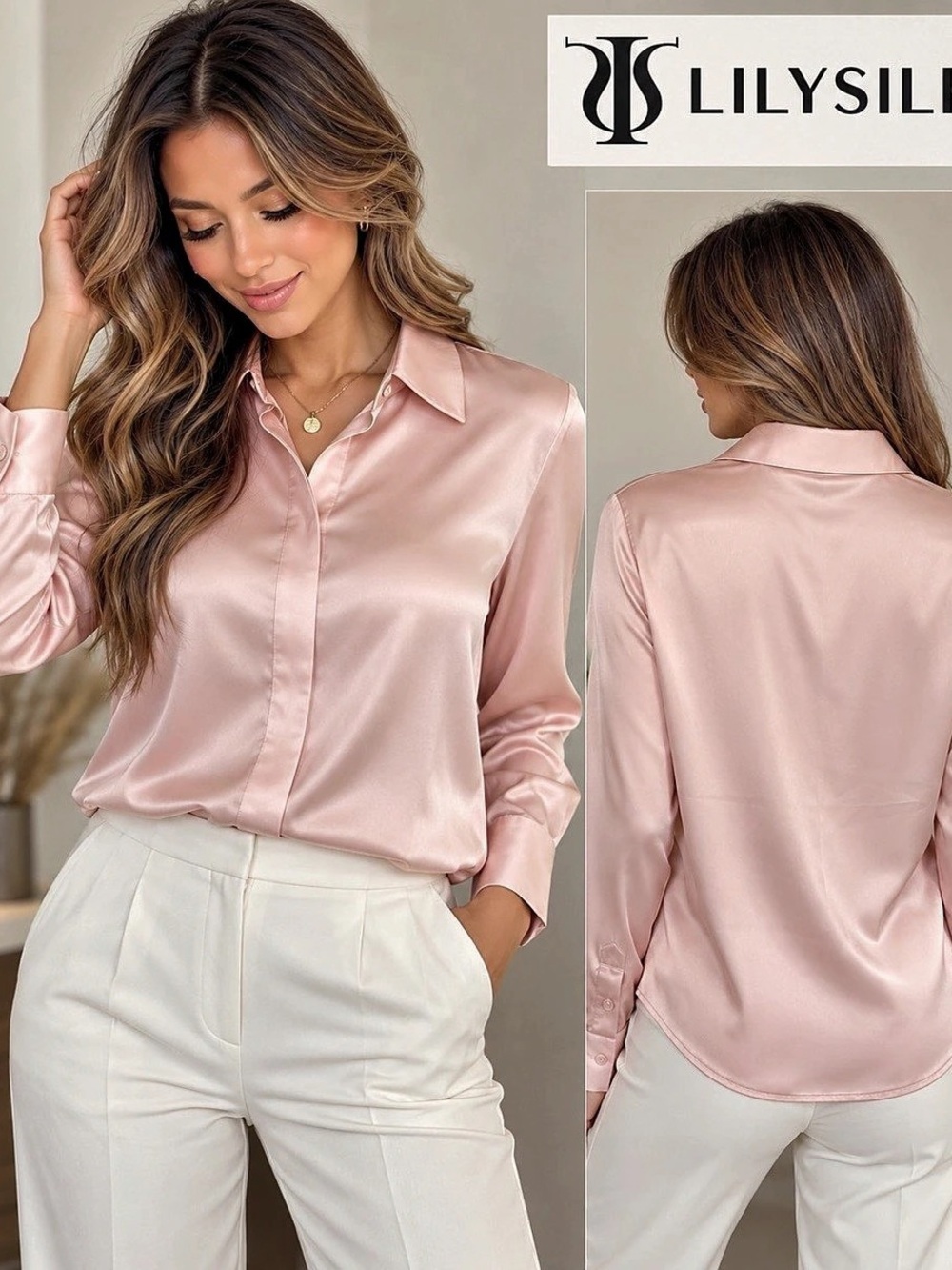 LILYSILK Pale Pink Silk Concealed Placket Button Down Blouse